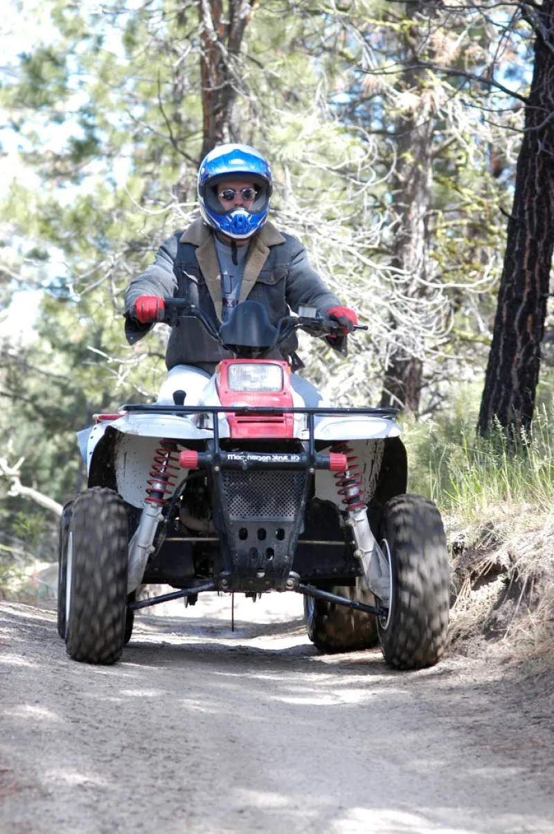 A rider on a quad ATV on a forest trail